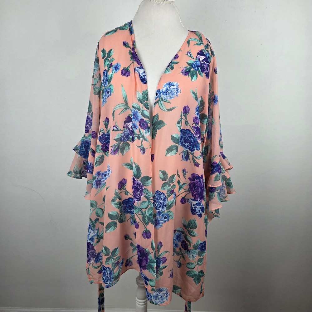 Susan Graver Peach Floral Chiffon Cardigan Kimono Ruffle Sleeve Robe 1X Feminine - Picture 6 of 11